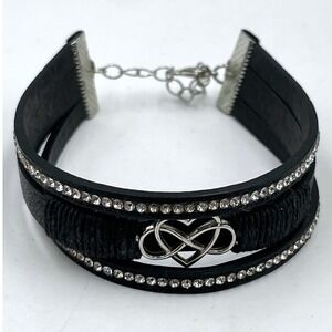 Vintage Black Leather Rhinestone Infinity Heart Bracelet Silver Tone Adjustable